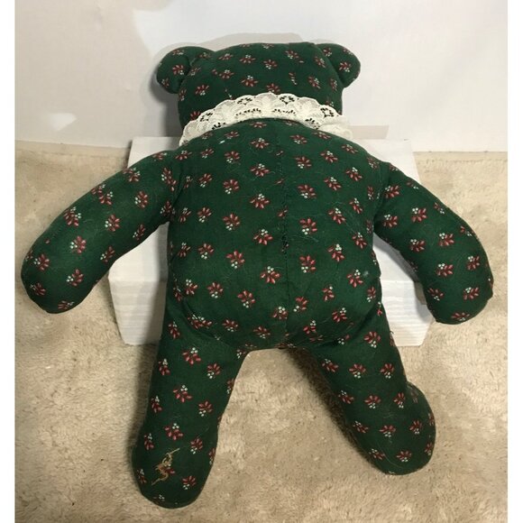 Vintage Handmade Green Teddy Bear With Lace Collar & Floral Print - Picture 3 of 4